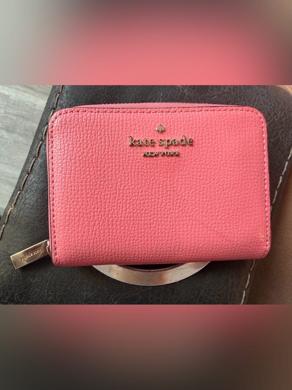 kate spade Darcy Coral Pink Zip Card Holder with Gold Logo
